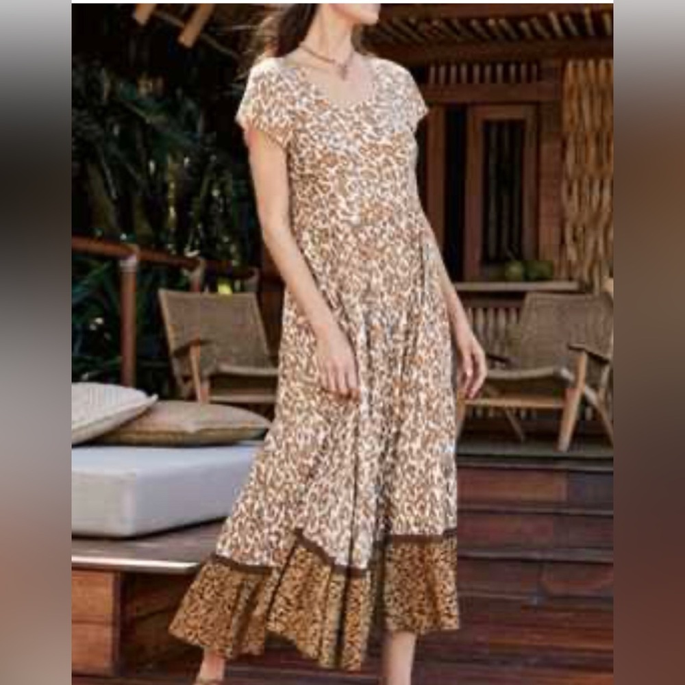 SoftSurroundings KARA TIERED Midi DRESS Animal Print Short slv EUC